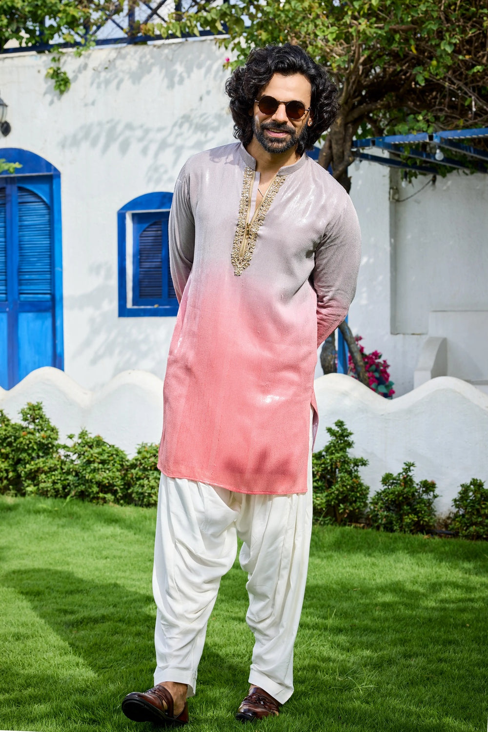 Kurta collection - Grey Pink Ombre Embroidered Kurta