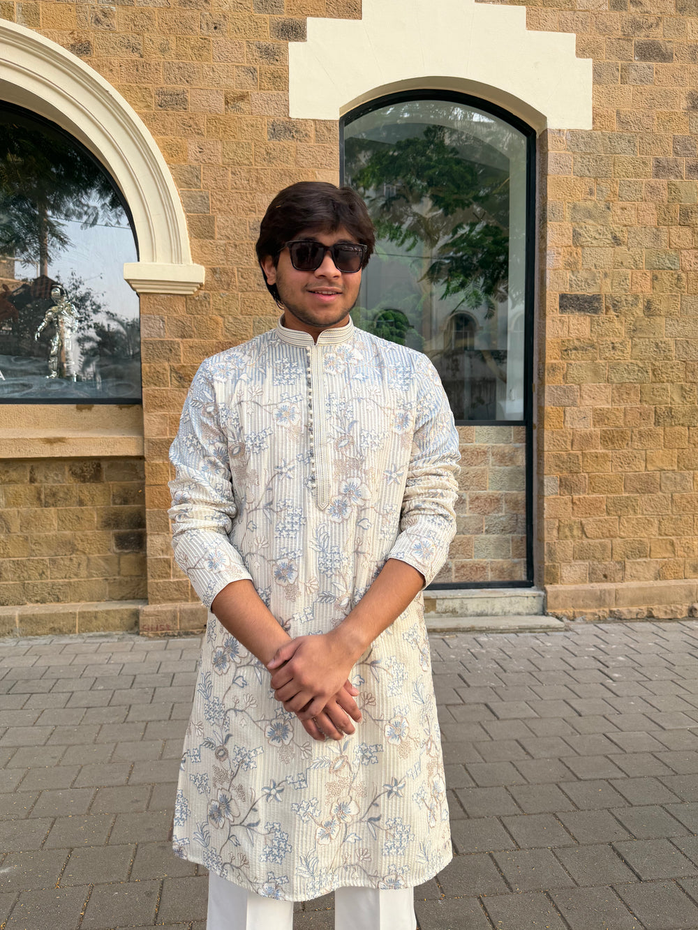 Kurta Collection – Ivory Blue Floral Embroidered Kurta for Men