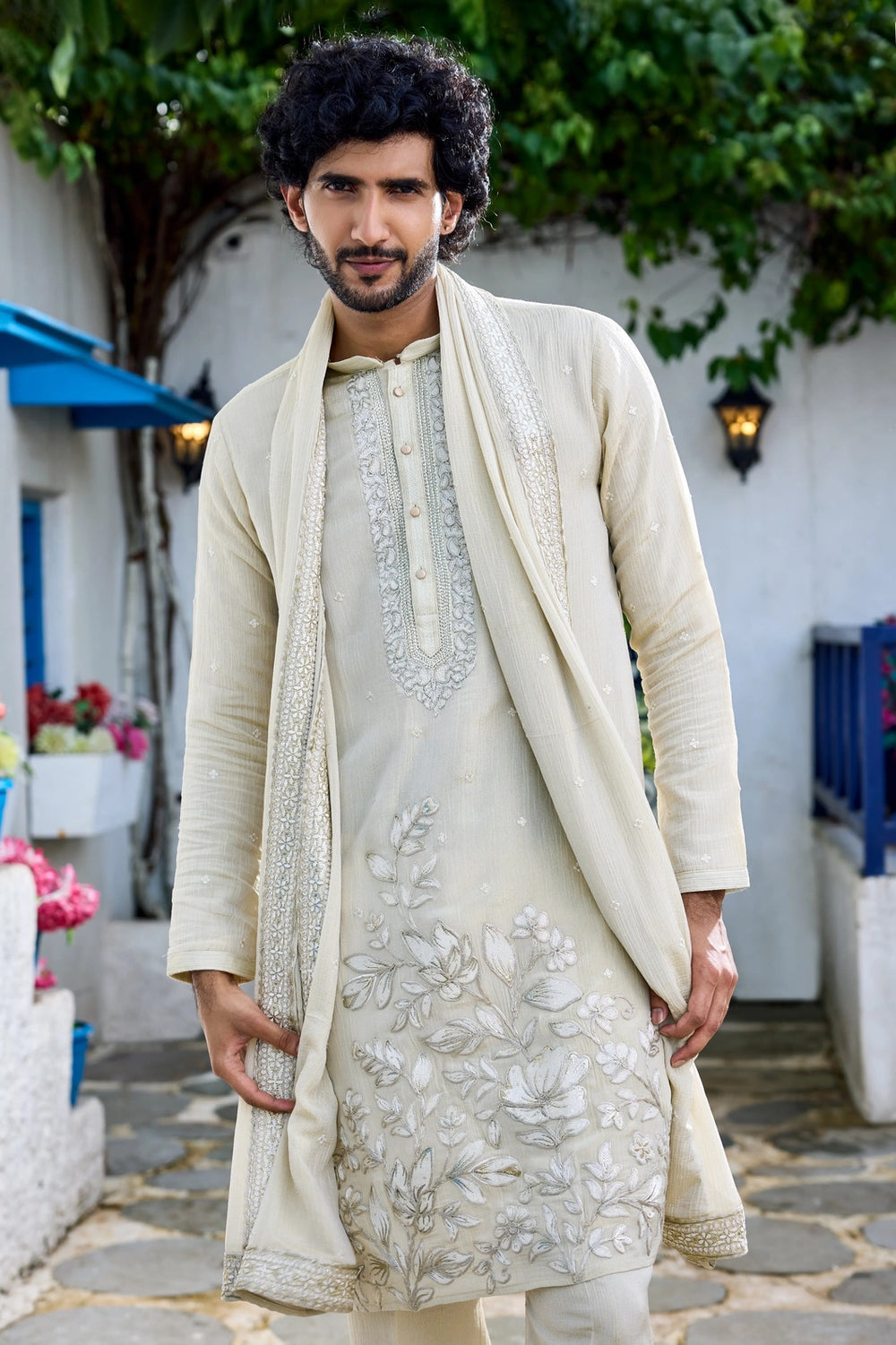 Kurta collection - Ivory Floral Embroidered Kurta Set with Dupatta
