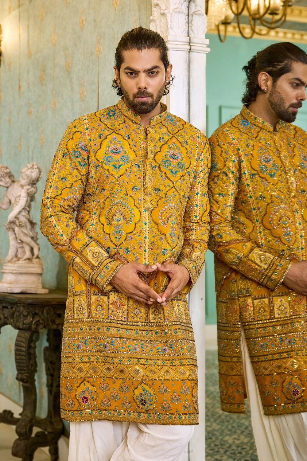 Kurta Collection – Mustard Yellow Embroidered Mirror Work Kurta