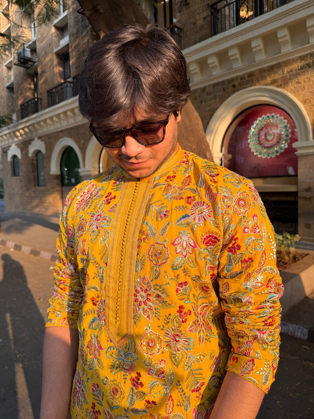 Kurta Collection – Mustard Yellow Floral Embroidered Kurta for Men