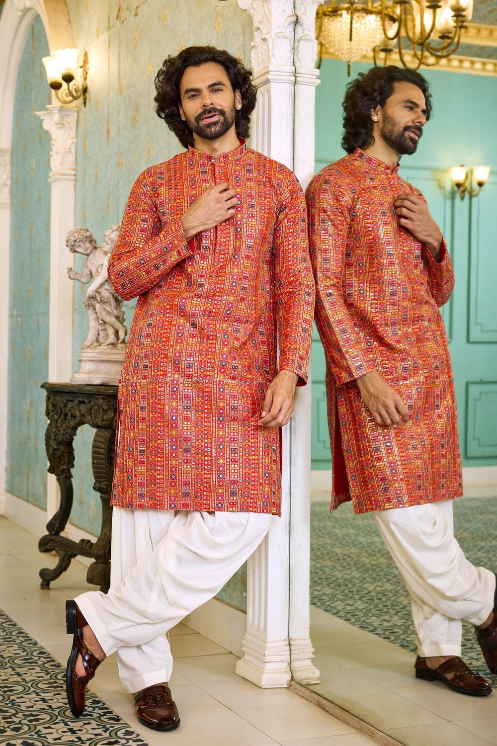 Kurta Collection – Orange Multicolour Embroidered Festive Kurta