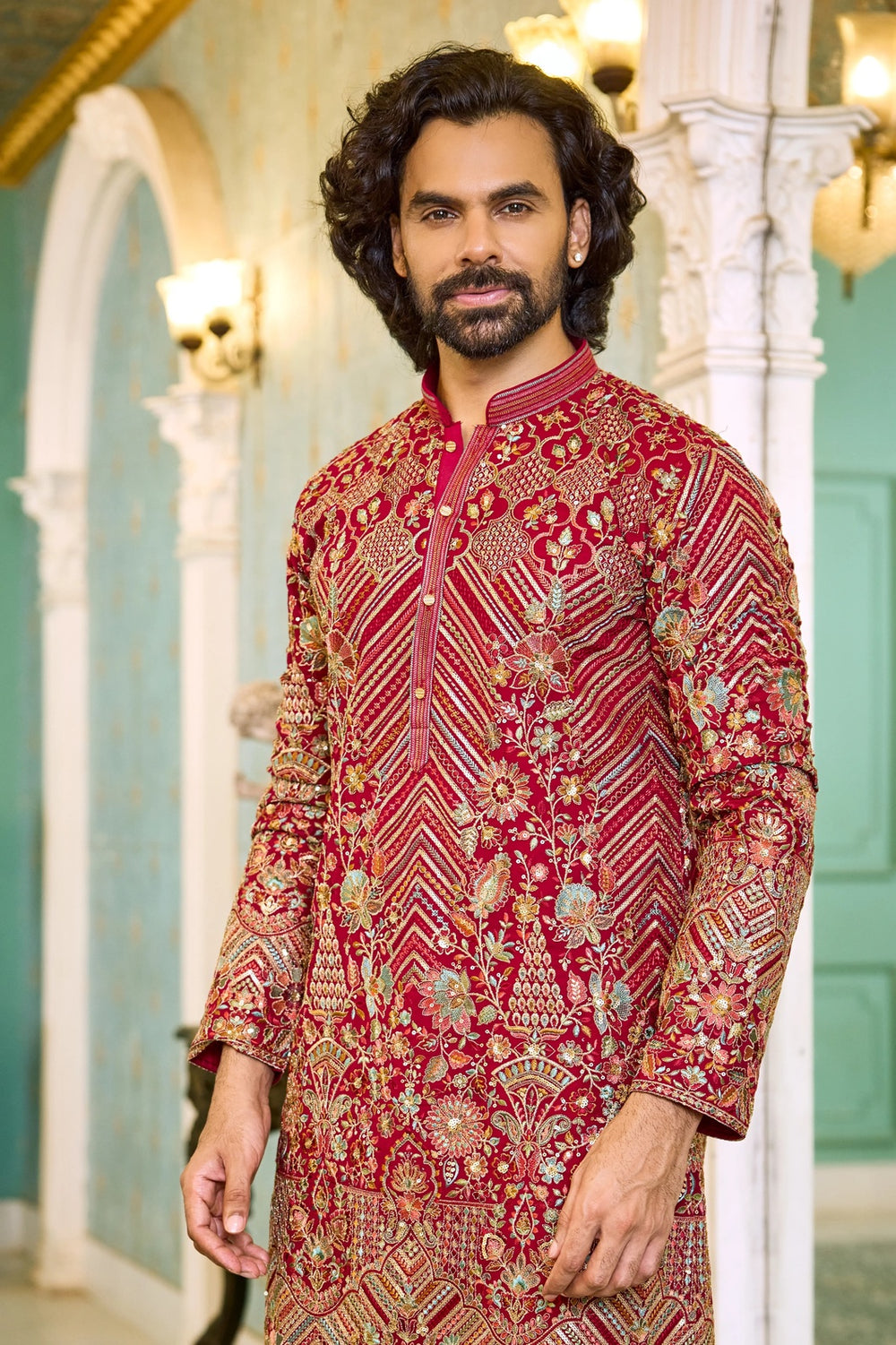 Kurta Collection - Regal Red Embroidered Kurta Pajama