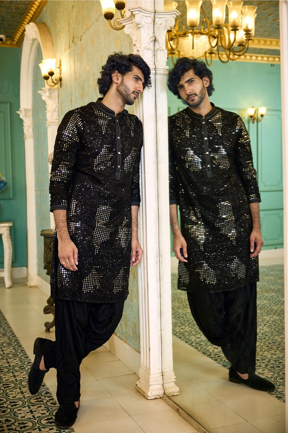 Kurta for Men – Black Mirror Work Kurta Pajama