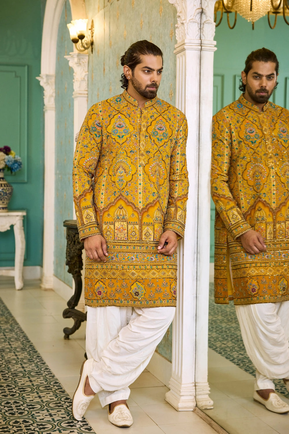Kurta for Men – Mustard Yellow Embroidered Mirror Work Kurta