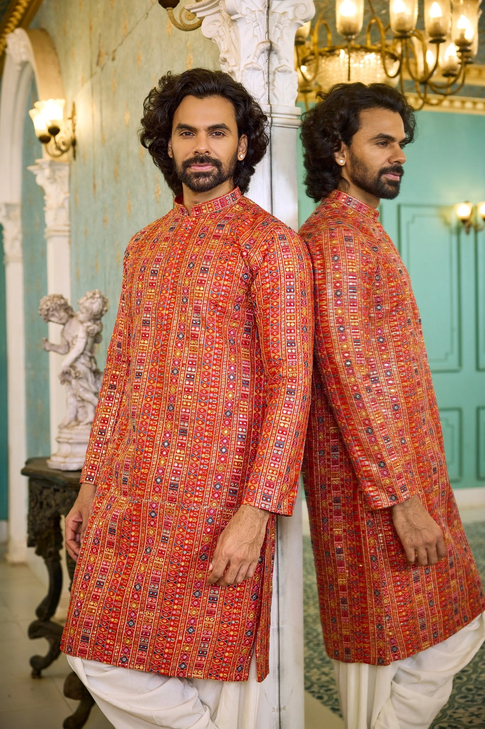 Kurta for Men – Orange Multicolour Embroidered Festive Kurta
