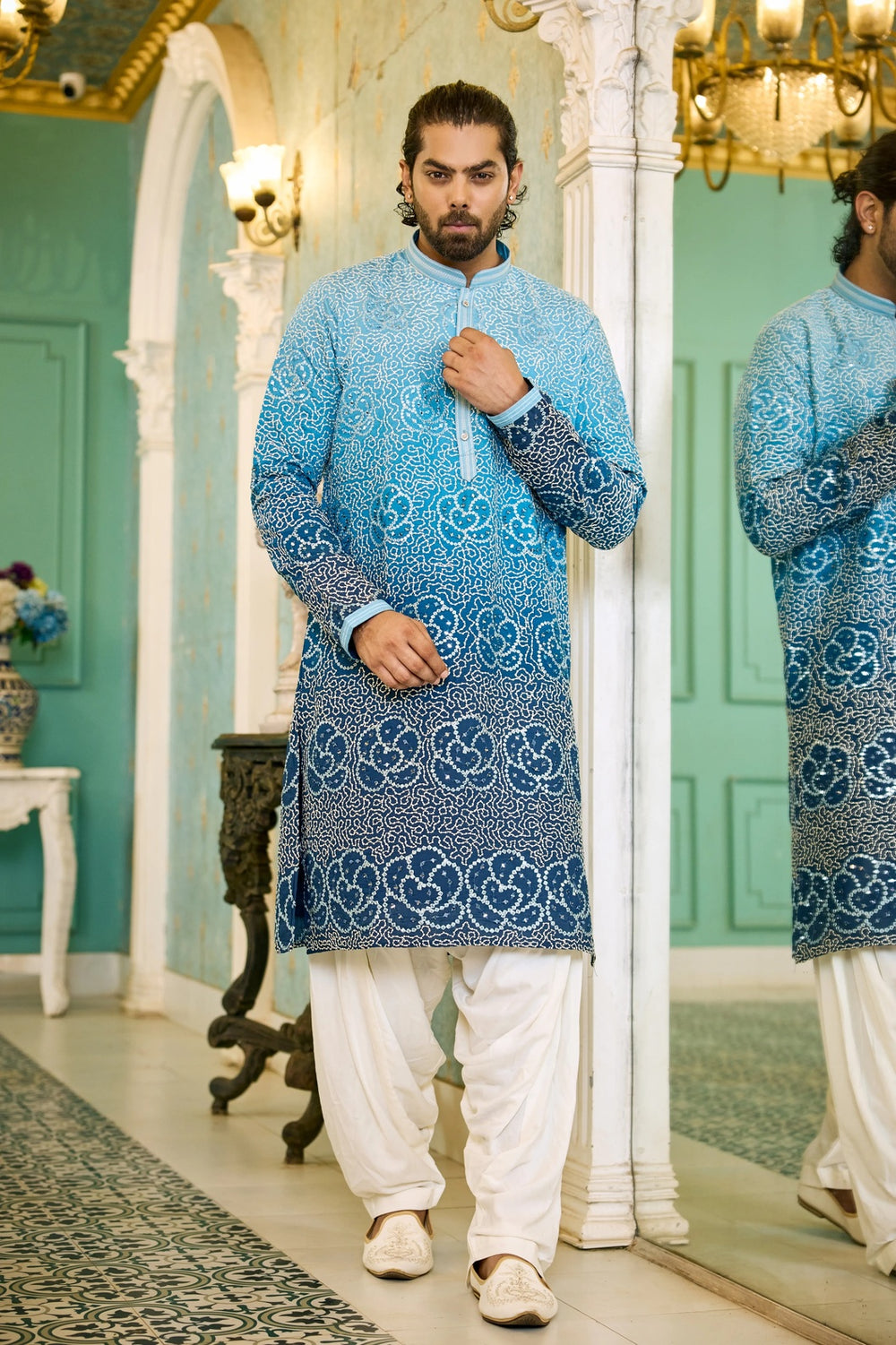 Kurta for mens - Blue Ombre Embroidered Kurta Pajama