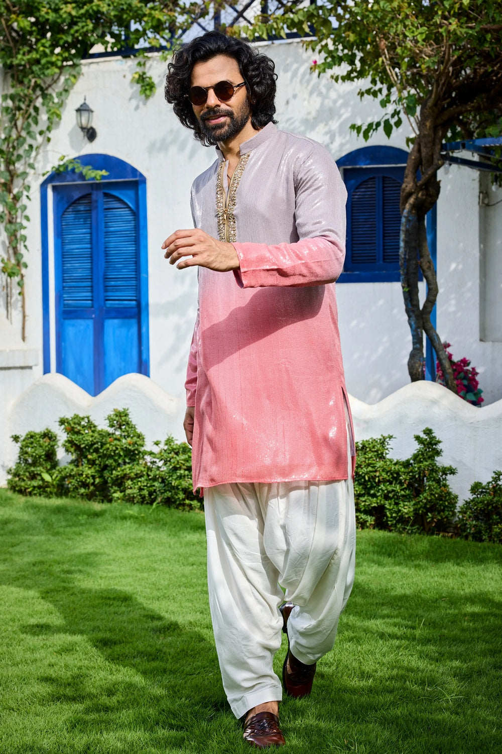 Kurta for mens - Grey Pink Ombre Embroidered Kurta