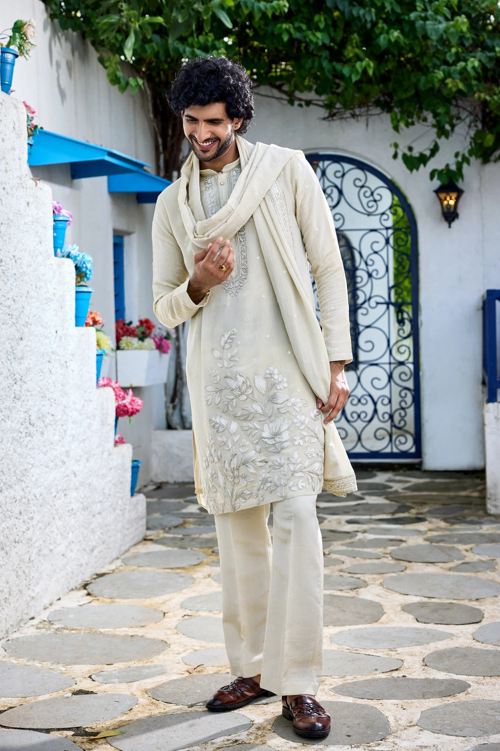 Kurta for mens - Ivory Floral Embroidered Kurta Set with Dupatta
