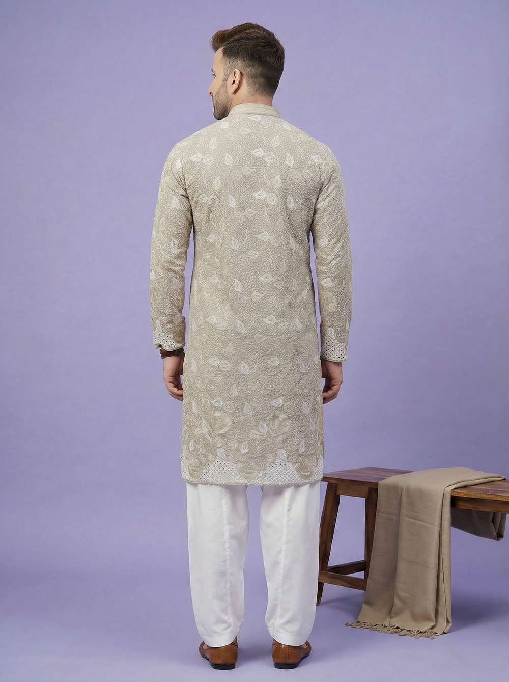 Kurta for mens - Men’s Beige Gold Embroidered Festive Kurta