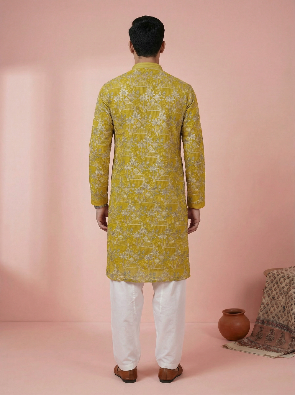 Kurta for mens - Mustard Yellow Woven Pattern Kurta for Men