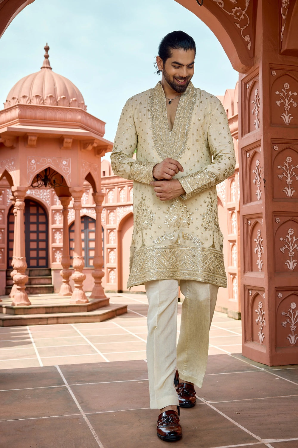 Kurta for mens - Royal Cream Zari Embroidered Kurta Pajama