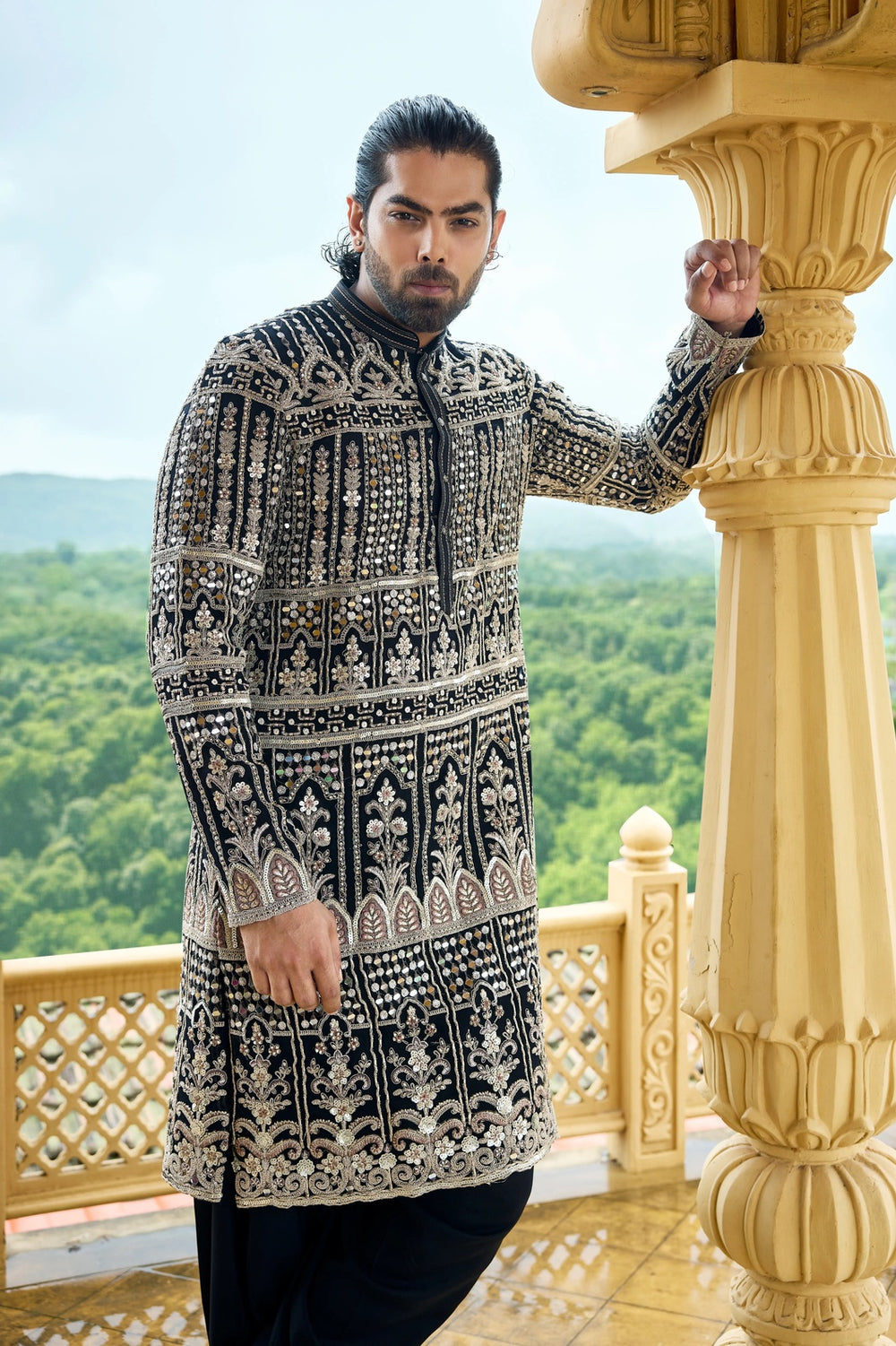 Kurta Set for Men – Black Mirror & Gold Zari Embroidered Kurta Set