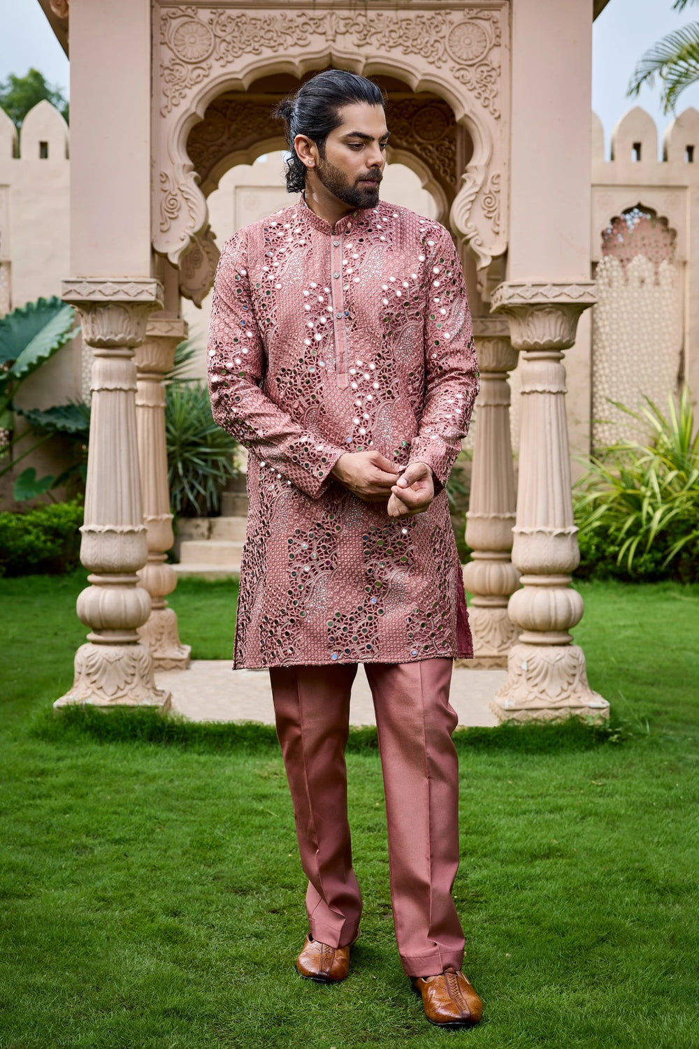 Kurta Set for Men – Dusty Rose Embroidered Mirror Kurta Set