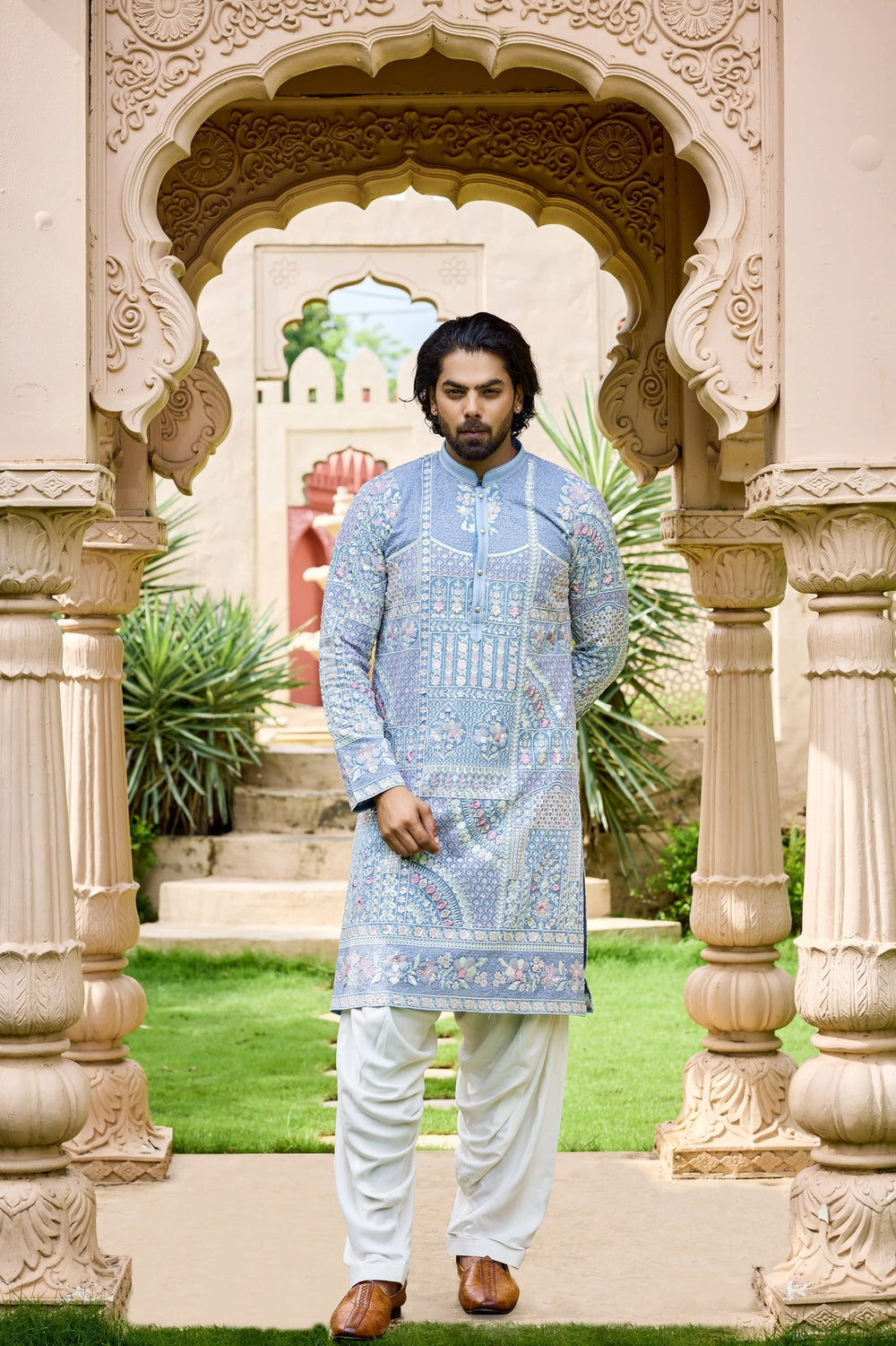 Kurta Set for Men – Sky Blue Pastel Floral Kurta Set