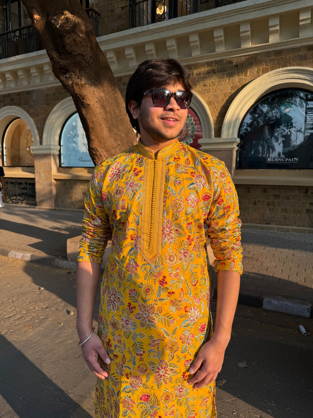 Kurta Set – Mustard Yellow Floral Embroidered Kurta for Men