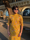 Kurta Set – Mustard Yellow Floral Embroidered Kurta for Men