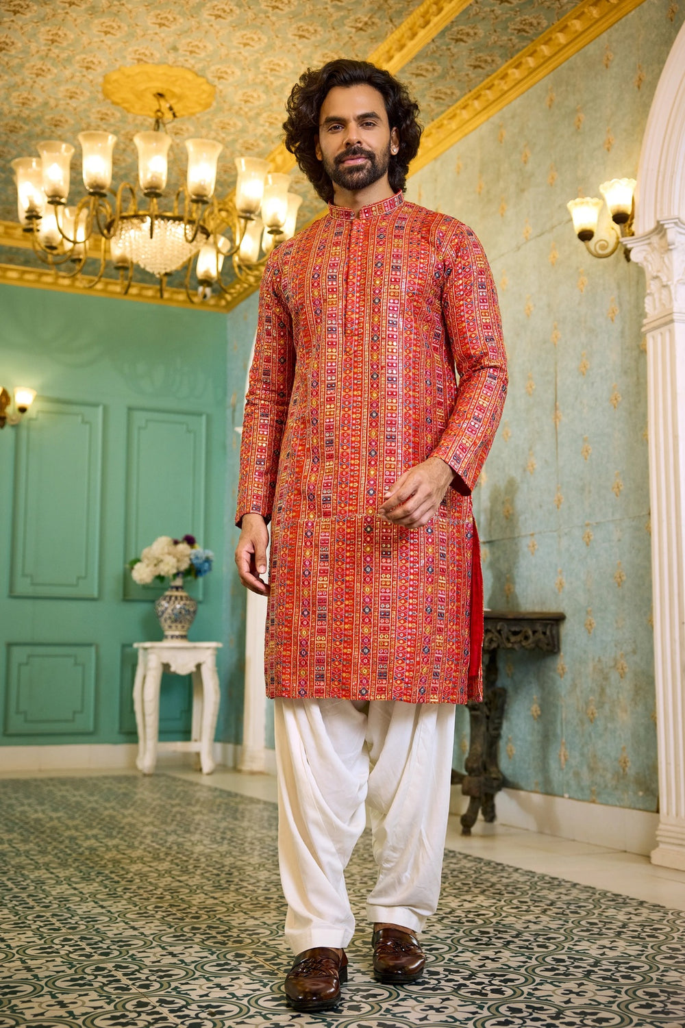 Kurta Set – Orange Multicolour Embroidered Festive Kurta