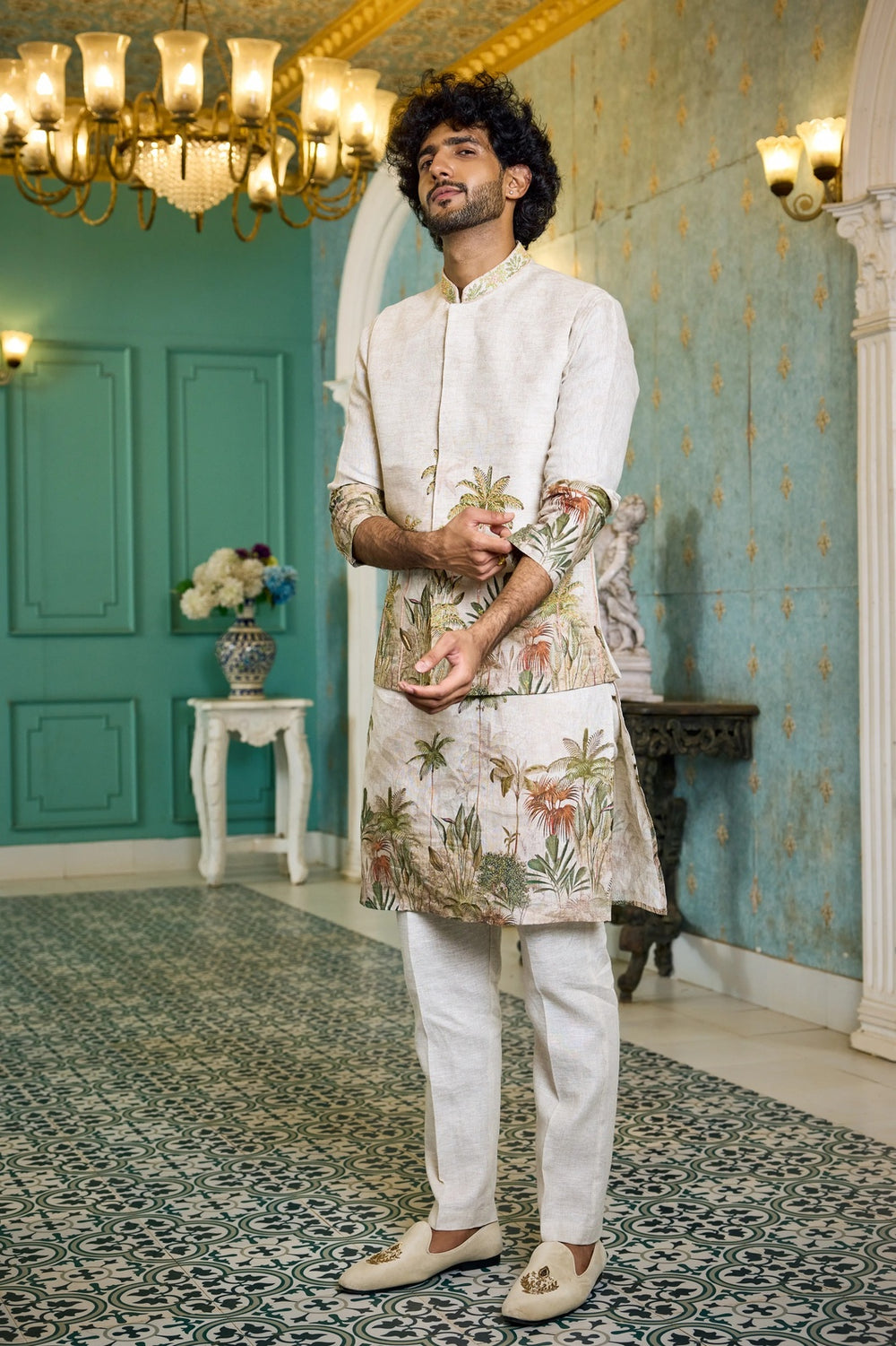 Kurta with jacket - Natural Shade Linen Kurta Set with Printed Jacket