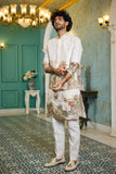 Kurta with jacket - Natural Shade Linen Kurta Set with Printed Jacket