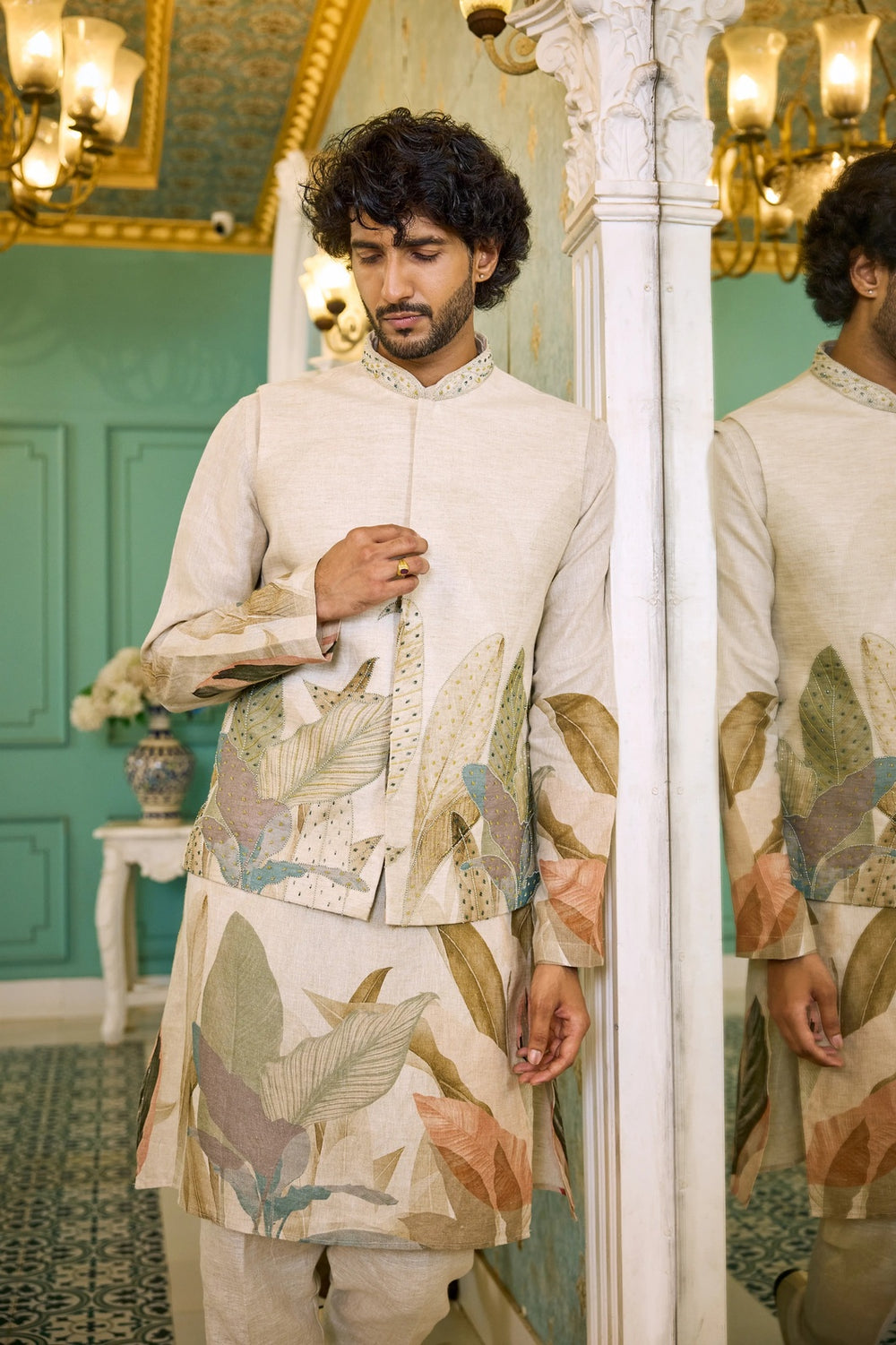 Kurta with jacket - Natural Shade Linen Leaf Print Jacket Kurta Set
