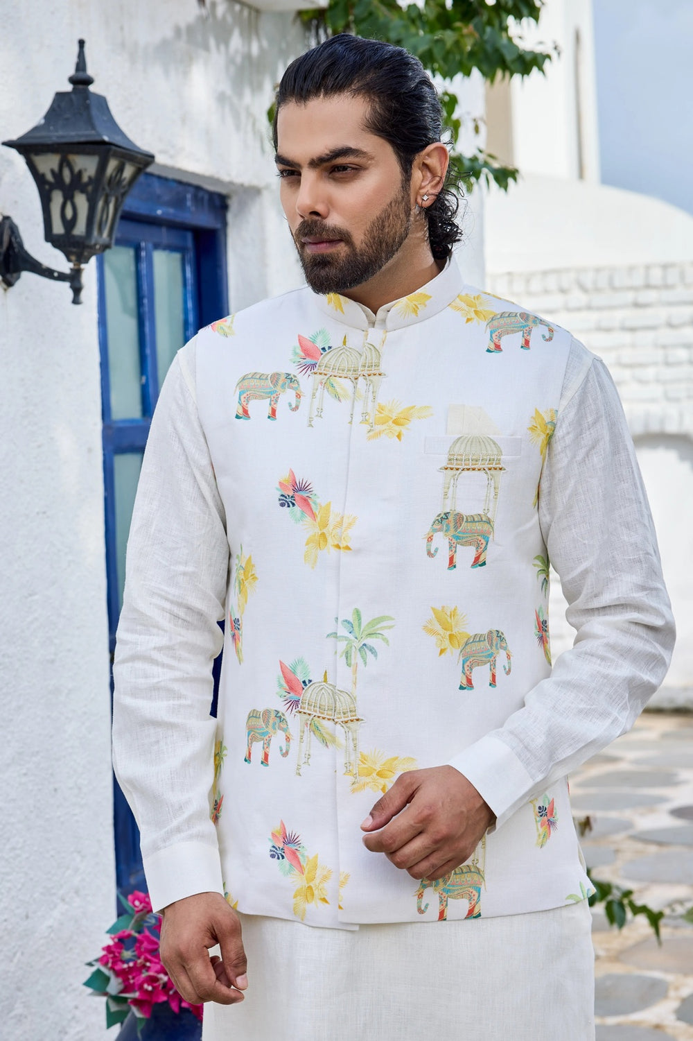 Kurta with jacket - White Linen Kurta Set with Printed Handwork Jacket