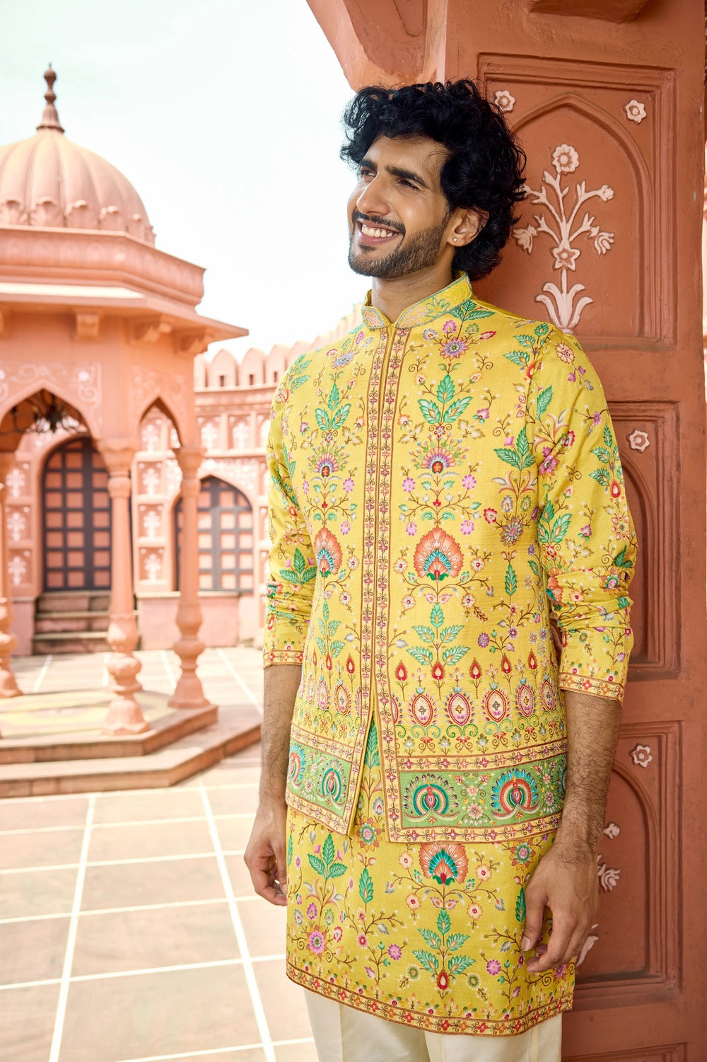 Kurta with jacket - Yellow Multicolor Embroidered Kurta Jacket Set