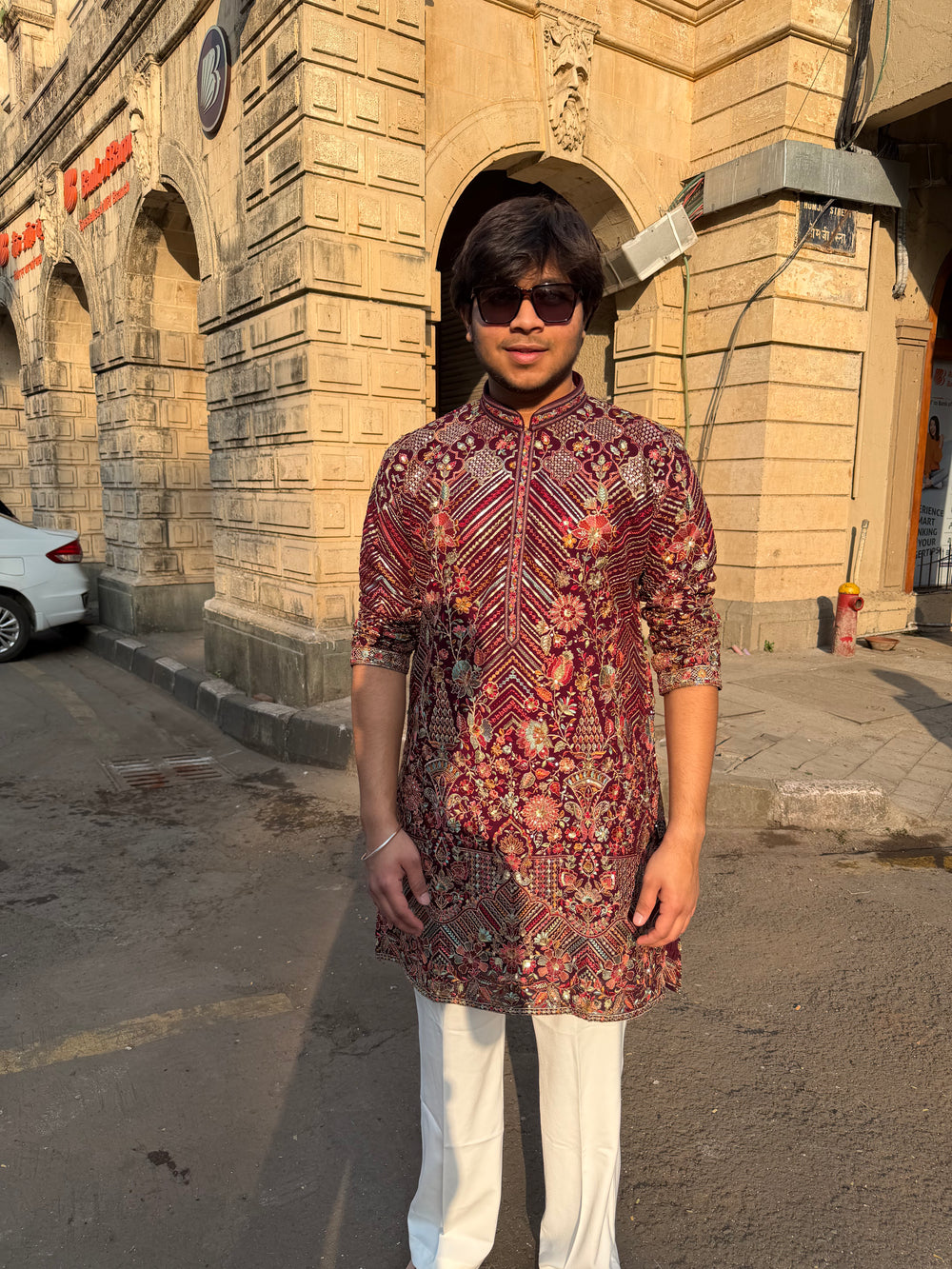 Maroon Heavy Embroidered Kurta for Men