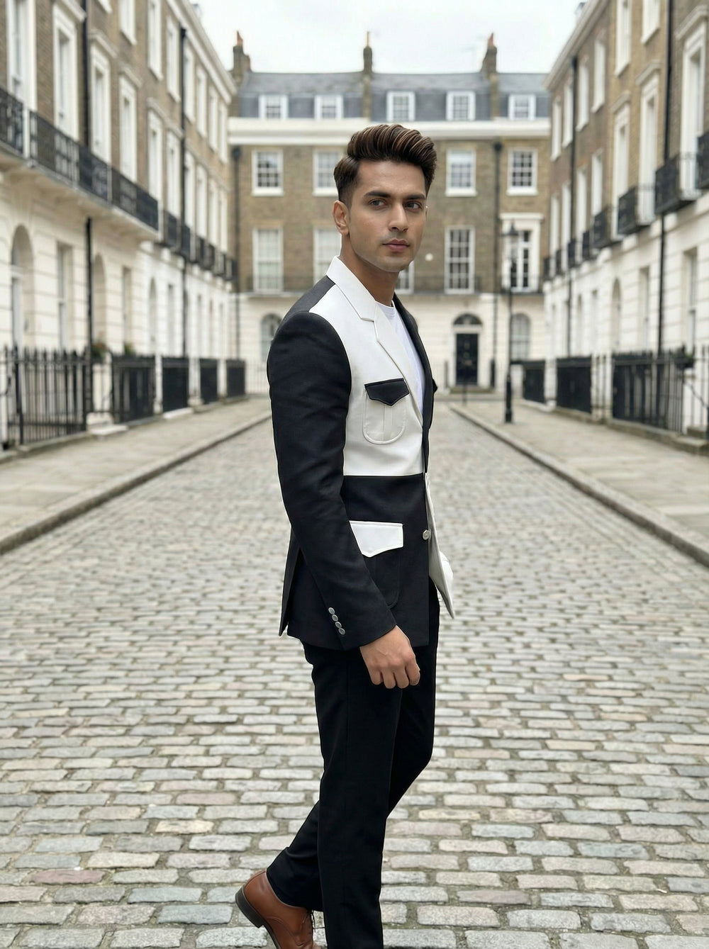 Mens Blazer - Grey and White Designer Blazer for Men