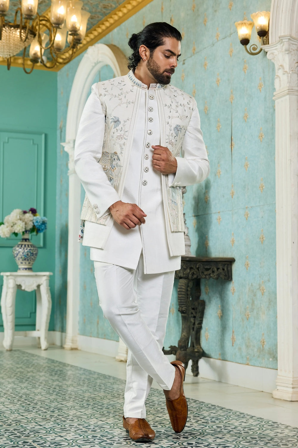 Mens indo-western kurta - Ivory Pastel Handwork Indo-Western