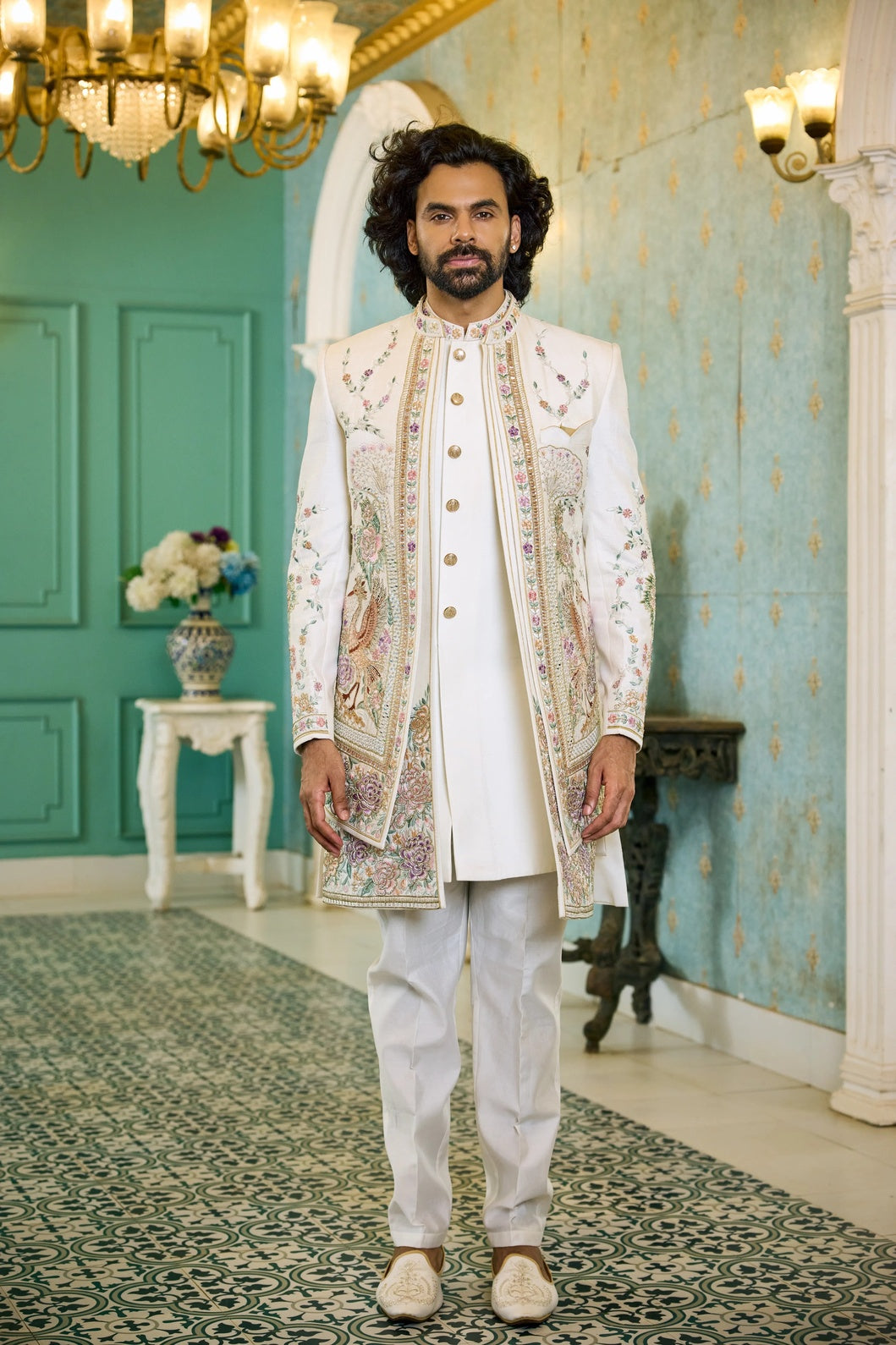 Mens indo-western kurta - Ivory Regal Tapestry Indo-Western