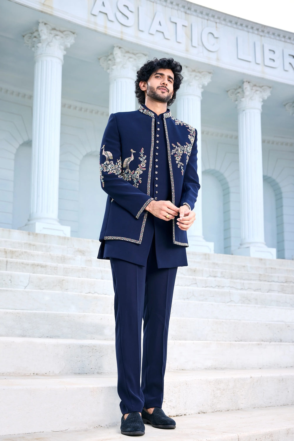 Mens indo-western kurta - Navy Blue Indo-Western with Multicolour Floral Embroidery