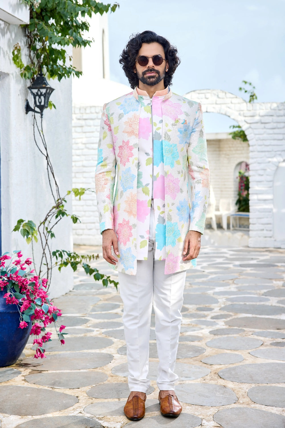 Mens indo-western kurta - Pastel Floral Printed Indo-Western for Men