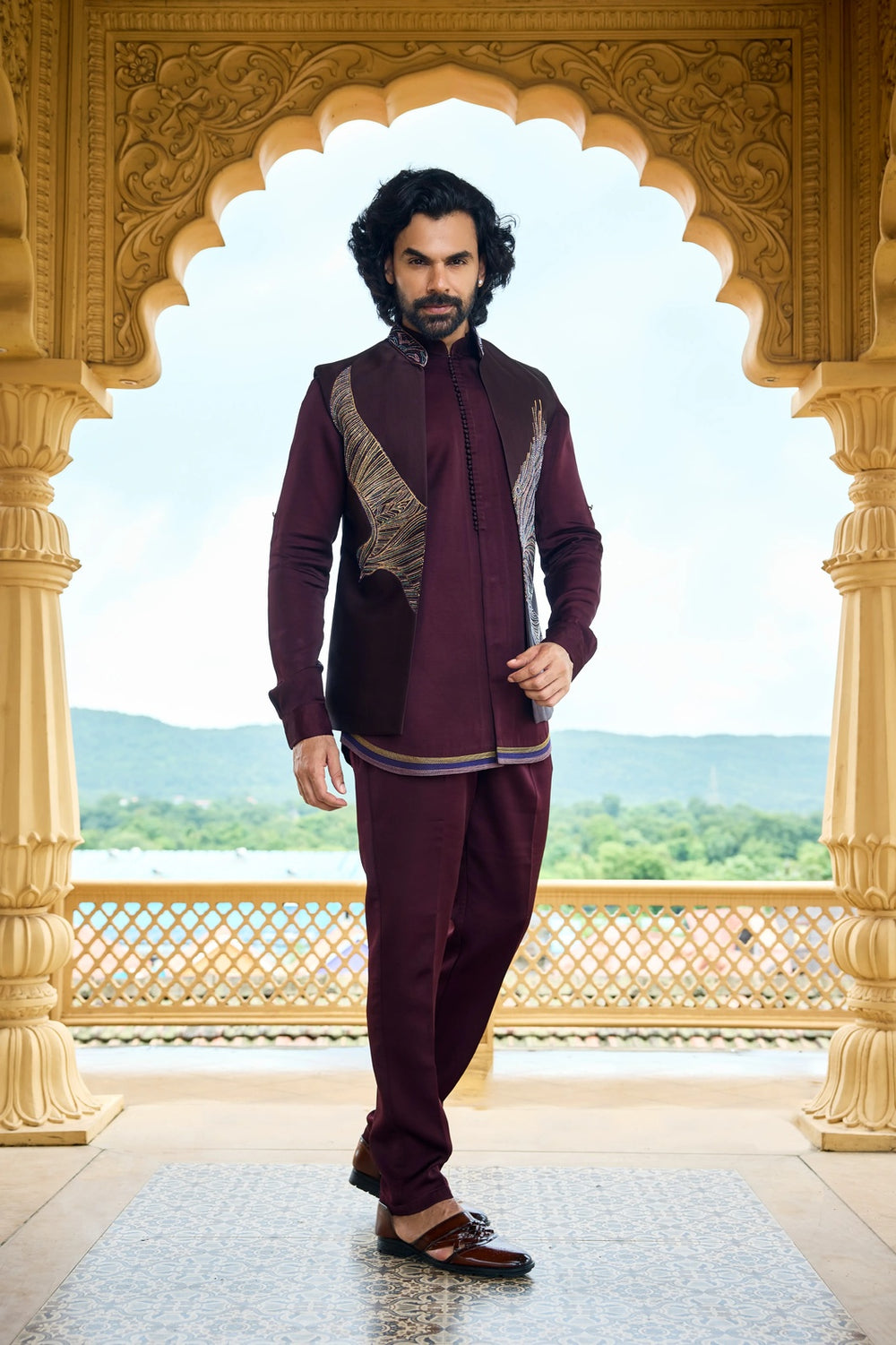 Mens indo-western - Wine Eagle Motif Short Jacket Indo-Western Set