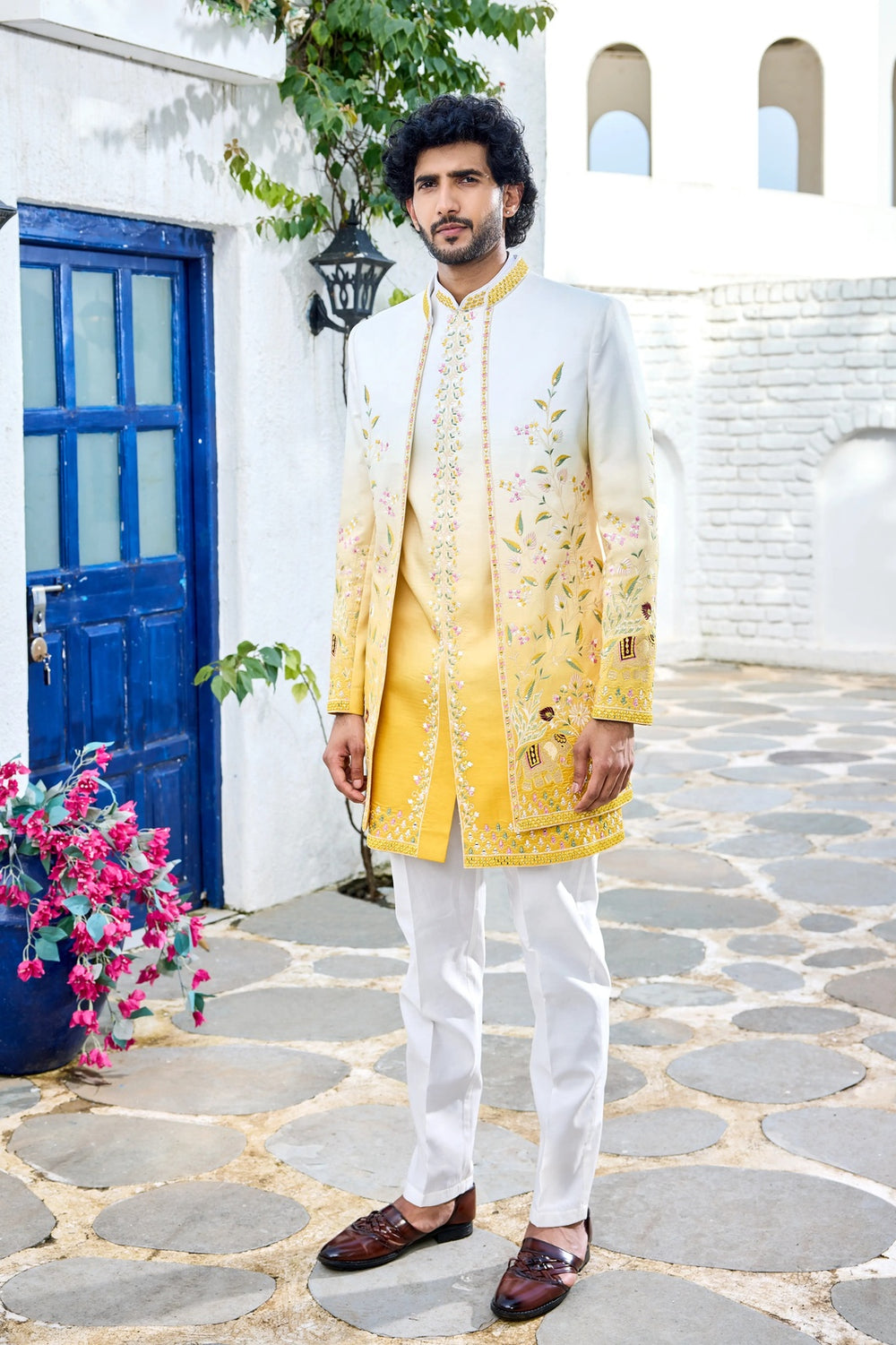 Mens indo-western - Yellow Ombre Indo-Western with Floral Hand Work