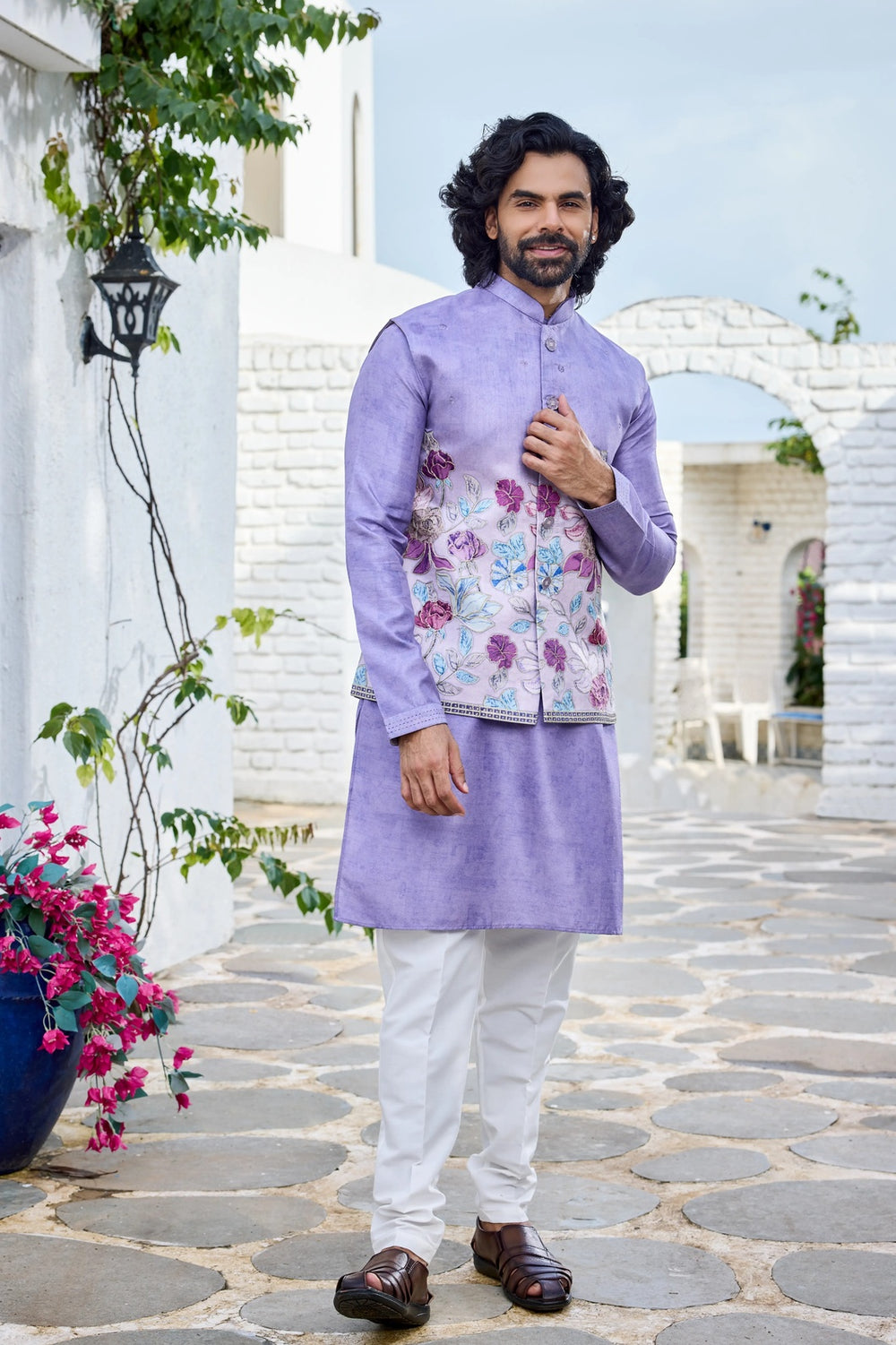 Mens jacket kurta - Lavender Silk Kurta Set with Floral Printed Jacket