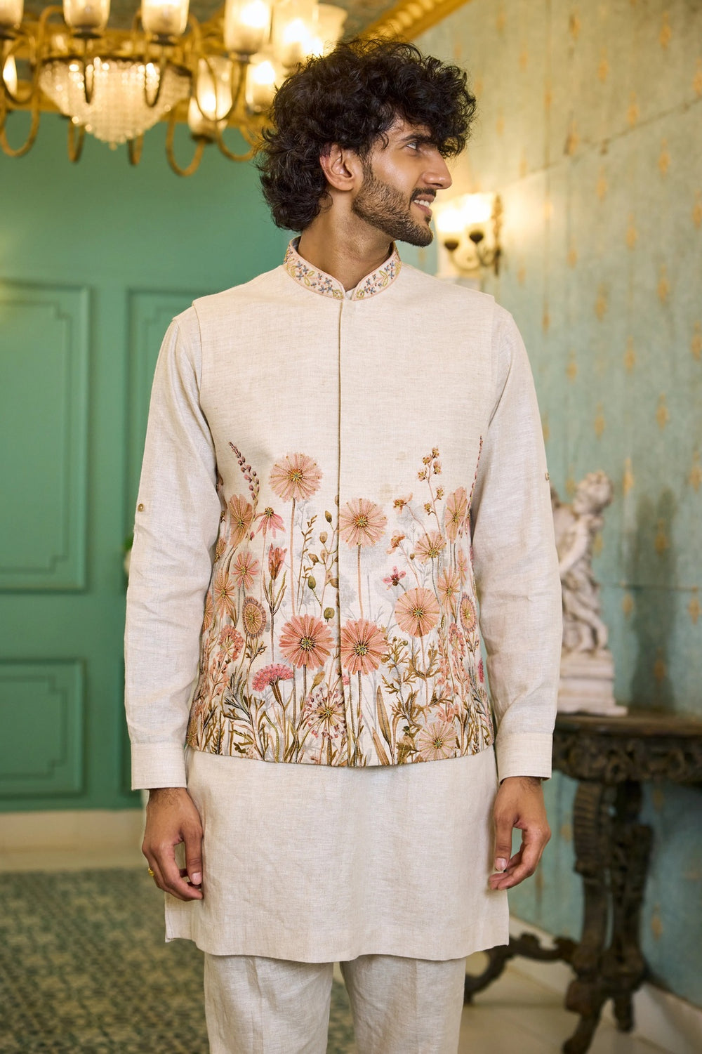 Mens jacket kurta - Natural Shade Linen Floral Jacket Kurta Set