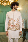 Mens jacket kurta - Natural Shade Linen Floral Jacket Kurta Set