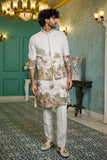 Mens jacket kurta - Natural Shade Linen Kurta Set with Printed Jacket