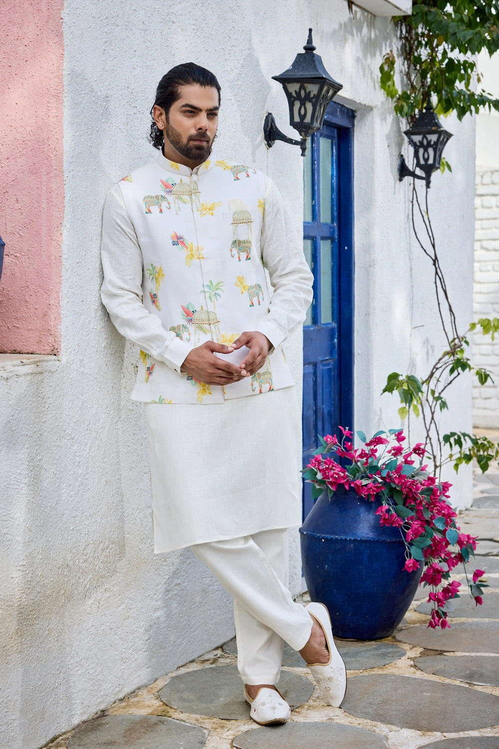 Mens jacket kurta - White Linen Kurta Set with Printed Handwork Jacket