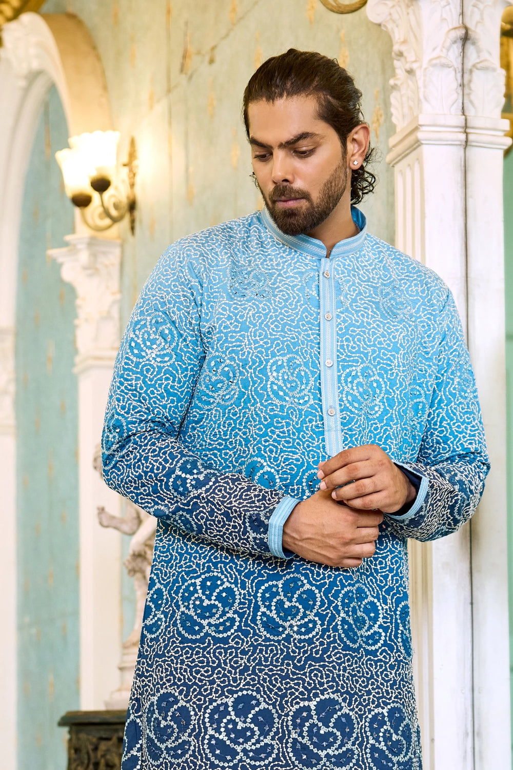 Mens kurta - Blue Ombre Embroidered Kurta Pajama