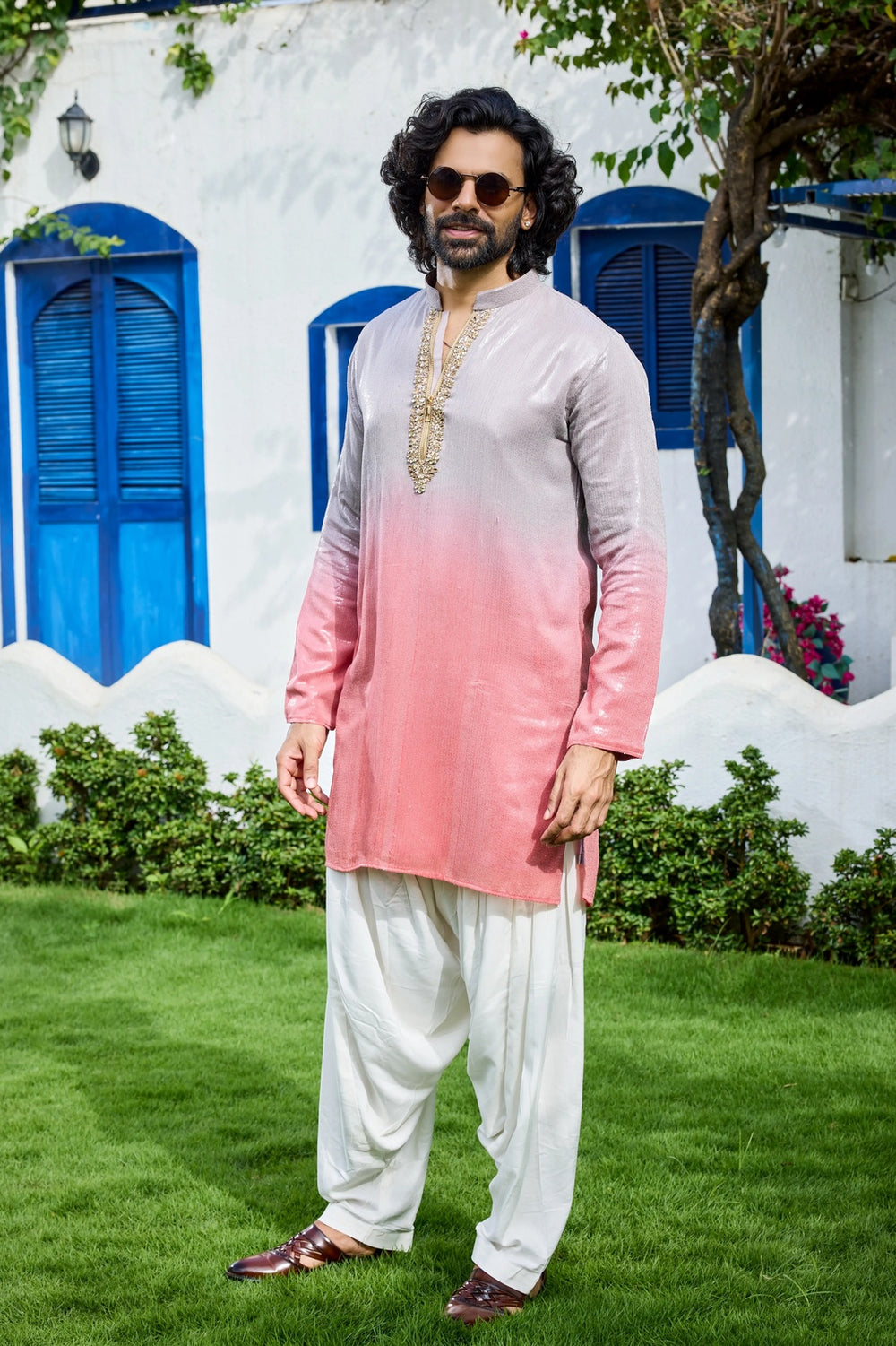 Mens kurta - Grey Pink Ombre Embroidered Kurta