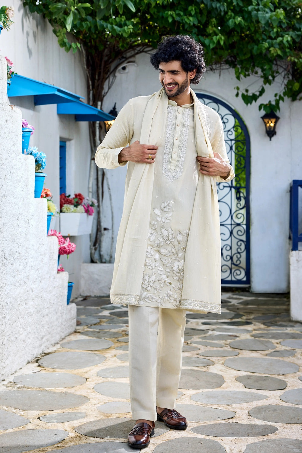 Mens kurta - Ivory Floral Embroidered Kurta Set with Dupatta