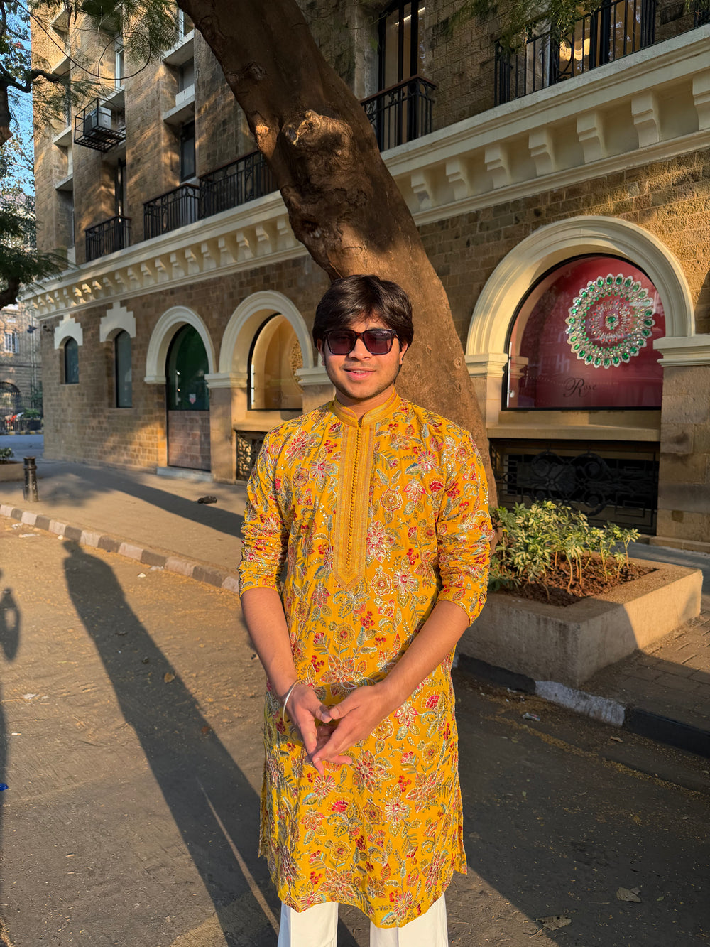 Men’s Kurta – Mustard Yellow Floral Embroidered Kurta for Men