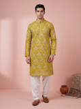 Mens kurta - Mustard Yellow Woven Pattern Kurta for Men