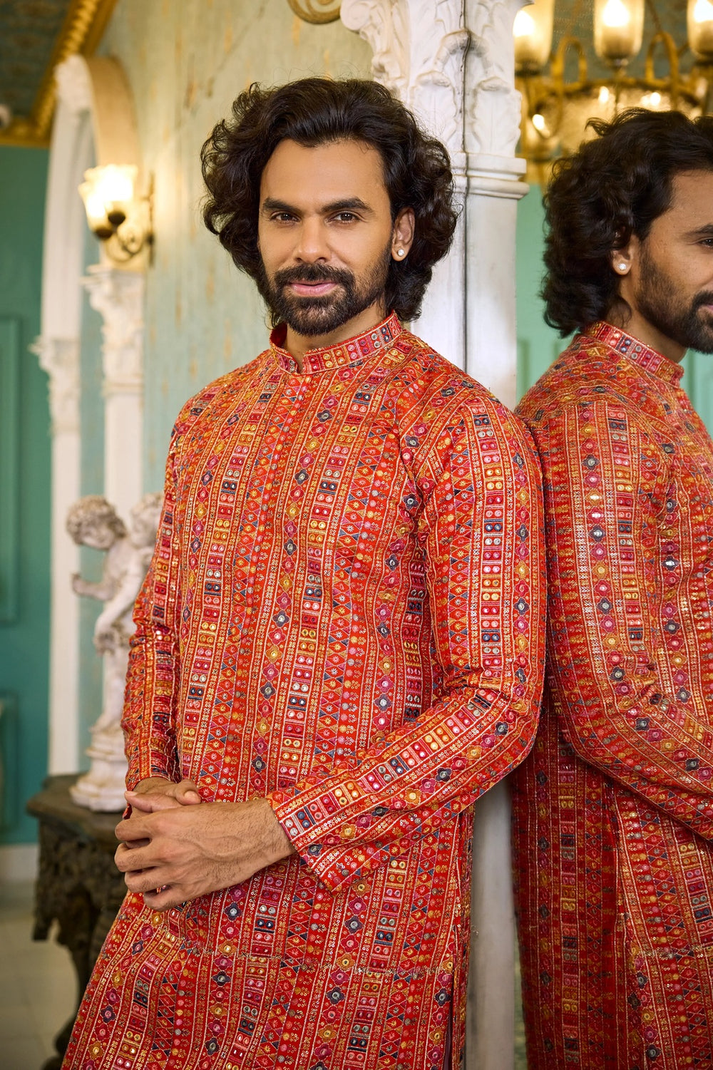 Men’s Kurta – Orange Multicolour Embroidered Festive Kurta