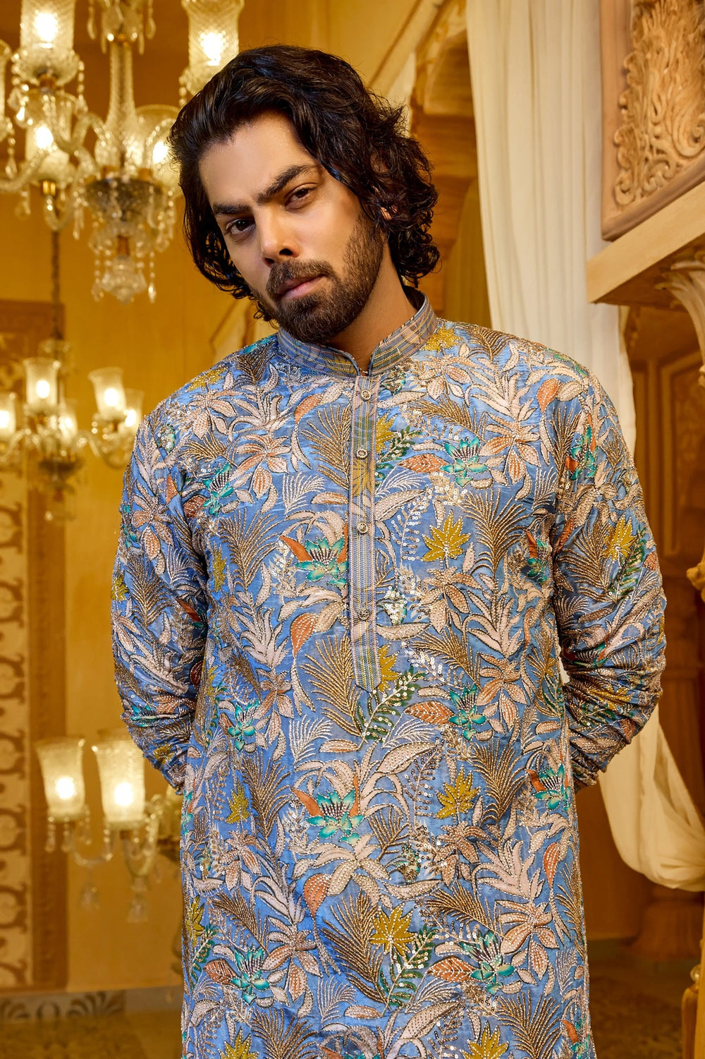 Men’s Kurta – Royal Blue Embroidered Floral Kurta Set