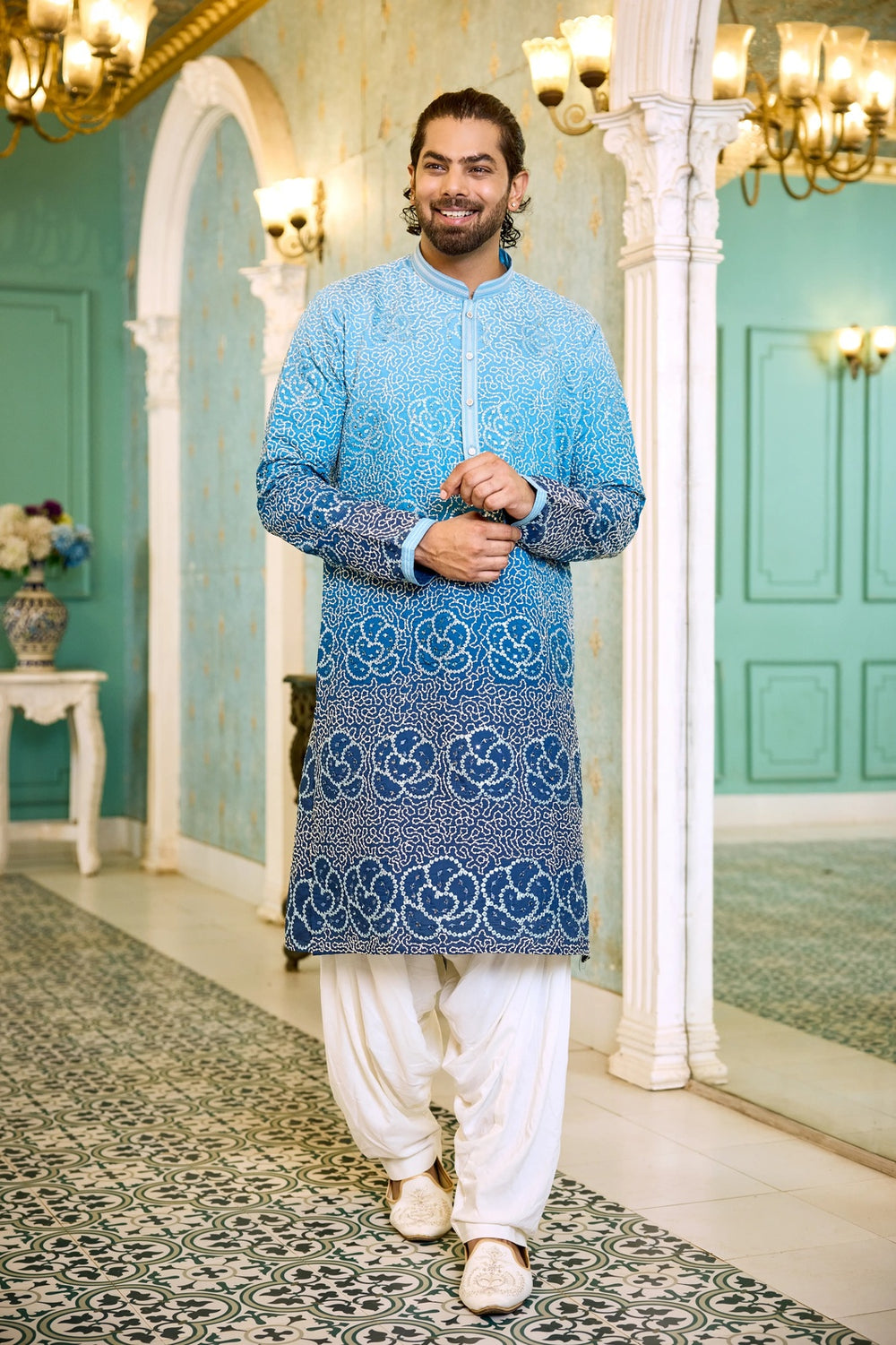 Mens kurta set - Blue Ombre Embroidered Kurta Pajama