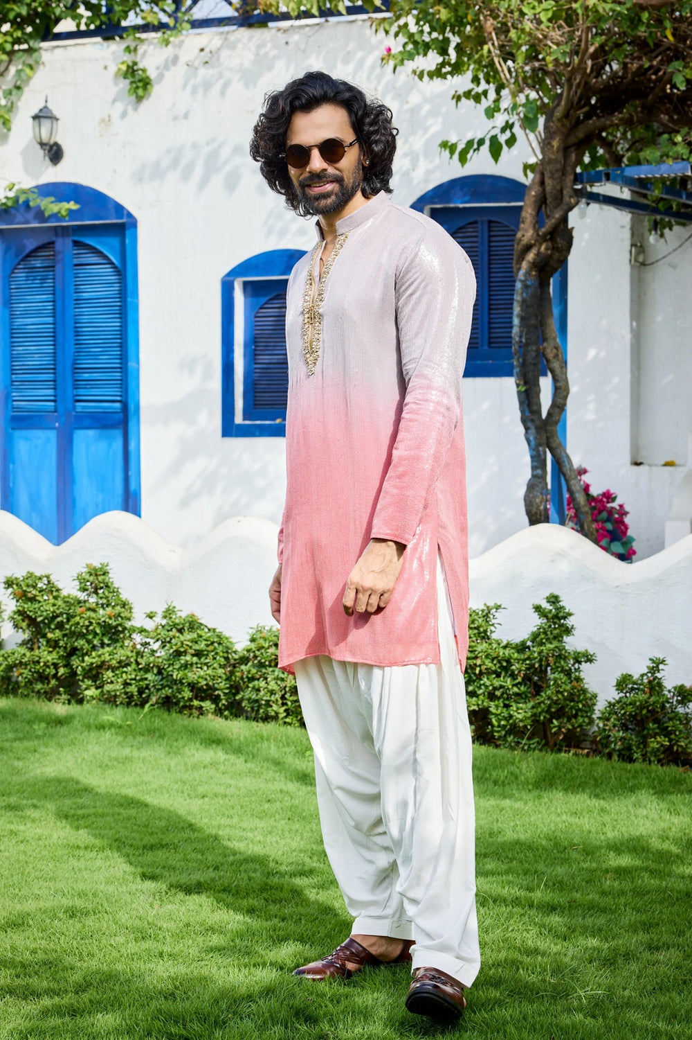 Mens kurta set - Grey Pink Ombre Embroidered Kurta