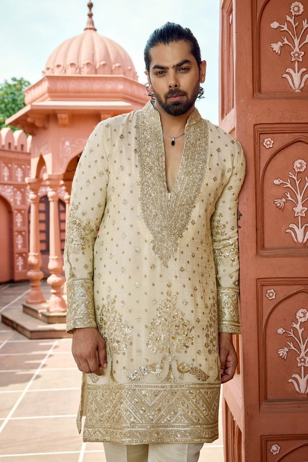 Mens kurta set - Royal Cream Zari Embroidered Kurta Pajama